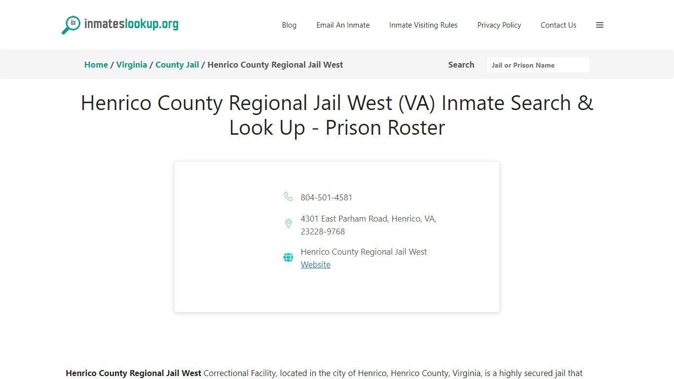 Henrico County Regional Jail West (VA) Inmate Search & Look Up - Prison ...